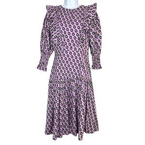 Cynthia Rowley Campbell Ruffle Dress 2 Geometric Puff Sleeves Fitted Waist Zip